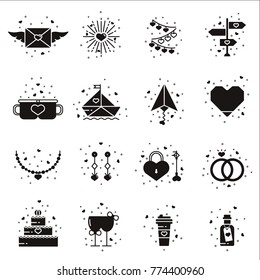 Pack of love, wedding, engagement, romantic black silhouettes: mail, garland, road sign, ship, plane, necklace, cake, glass, coffee cup, heart. Valentine's Day icons and symbols in material design.
