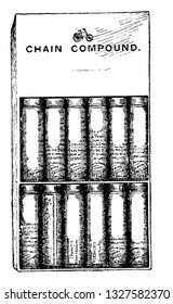 A pack of lubricants for bicycle chains. Keeps the chain bright and prevents rust, vintage engraved line art illustration. Bicycle Accessories - 1900