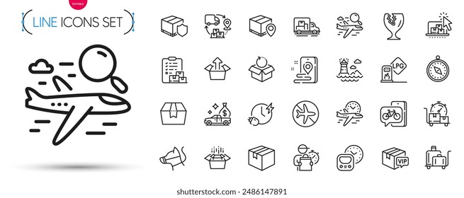 Paquete de carrito de equipaje, almacenamiento en línea e iconos de línea de lugar. Incluye paquetes, modo de vuelo, iconos de pictograma de faro. Transporte de camiones, Búsqueda, señales de correa de perro. Frágil paquete. Vector