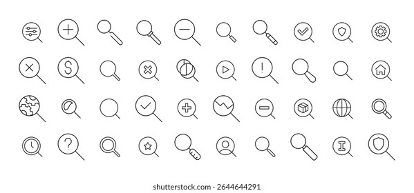 Pacote de Lupa Relacionados Ícones de Linha. Outline Signs para Gráficos e Web Design, Apps, Anúncios, Vários Cartões 