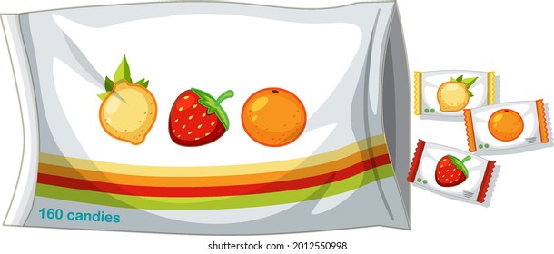 Pack of many different fruits candies isolated illustration