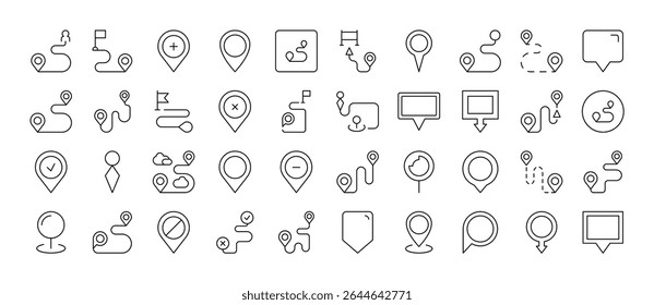 Pacote de ícones de linha relacionada ao pino do mapa. Outline Signs para Gráficos e Web Design, Apps, Anúncios, Vários Cartões 