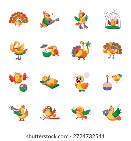 Pack de iconos de estilo plano de mascota de pájaros 
