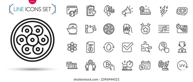Pack of Mattress guarantee, Discounts calendar and Chemistry atom line icons. Include Teapot, Winner cup, Technical info pictogram icons. Patient history, Search puzzle, Online survey signs. Vector