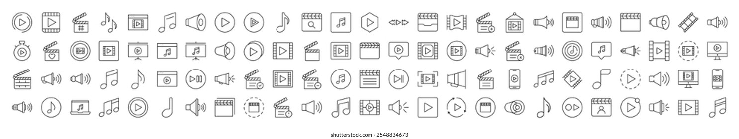 Pacote de Ícones de Linha Relacionados ao Media Player. Traço editável para design, sites, aplicativos e cartões. Contém Imagens Lineares de Clapperboard, Nota Musical, Alto-falante