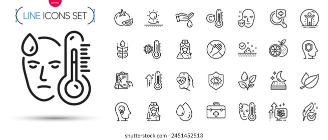 Pack of Medical analyzes, Gluten free and Wash hands line icons. Include Thermometer, Hypoallergenic tested, Skin care pictogram icons. Mental health, Eye protection, First aid signs. Vector