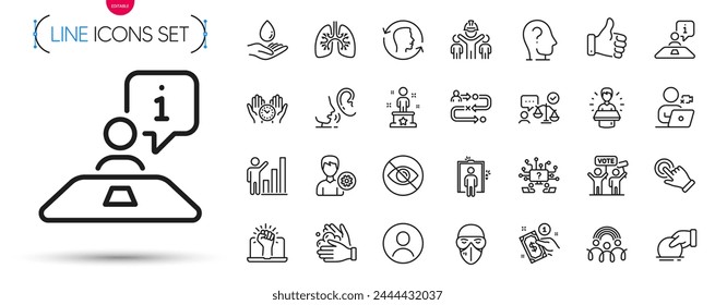 Pack de mascarilla médica, equipo de ingeniería e iconos de la línea Pulmones. Incluye campaña de votación, embajador de la marca, iconos de pictogramas de donación. Empoderar, Trayectoria, Gráficos y señales. Ascensor. Vector