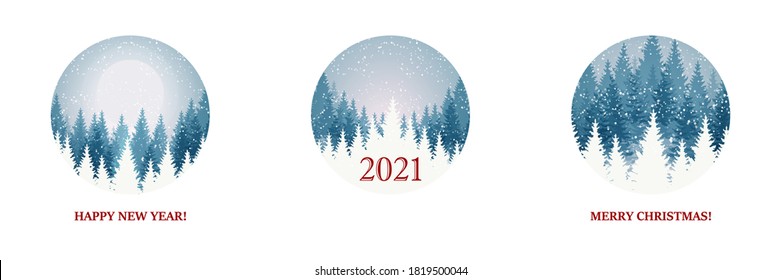 Pack of Merry Christmas and Happy New Year designs with beautiful winter scenery. Blue Christmas tree landscape with snow. Vector illustration with hand drawn elements