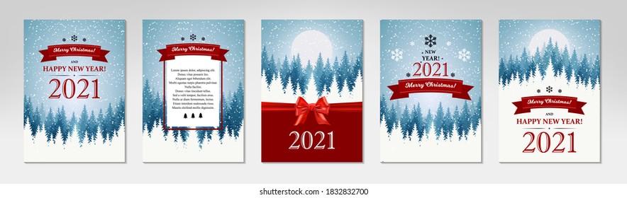 Pack of Merry Christmas and Happy New Year vertical greeting cards with beautiful winter scenery. Blue Christmas tree landscape with snow. Vector illustration with hand drawn elements