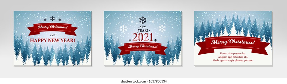 Pack of Merry Christmas and Happy New Year horizontal greeting cards with beautiful winter scenery. Blue Christmas tree landscape with snow. Vector illustration with hand drawn elements