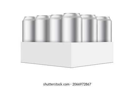 Pack with Metallic Cans Mockup, Isolated on White Background. Vector Illustration