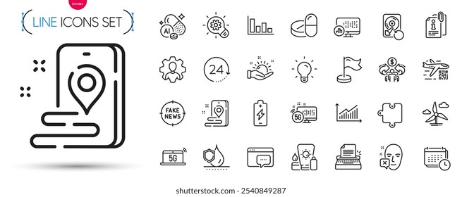 Paquete de hito, información adjunta e iconos de línea de gráfico. Incluye iconos de pictograma impermeable, rueda dentada y economía compartida. Puzzle, Calendario, Cara declinó signos. Portátil 5g. Signo de contorno de hito. Vector