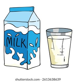 A pack of milk and a glass of milk