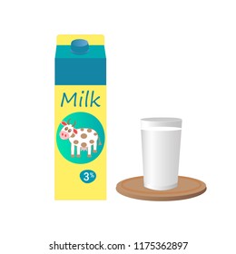 A pack of milk and a glass with milk on a wooden plate Vector
