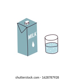 A pack of milk and a half-full glass of liquid. Vector illustration in a hand-drawn style