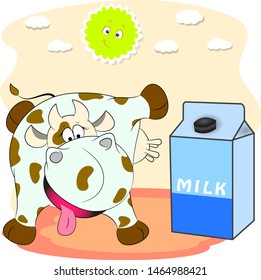 a pack of milk and spotted cow. cartoon vector illustration.
