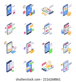 Paquete de iconos isométricos de contenido móvil 

