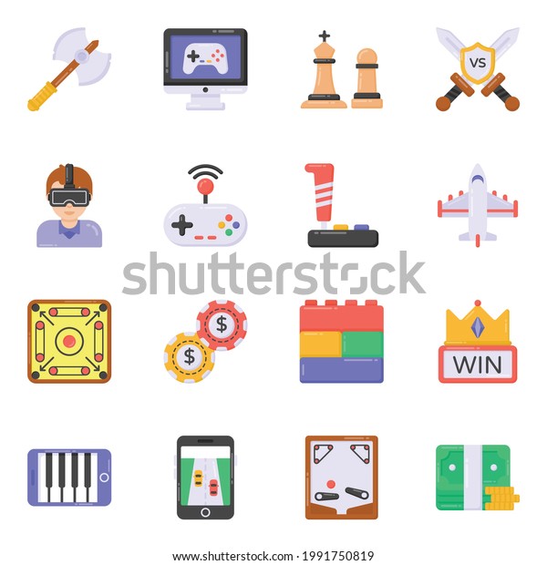 Pack of\
Mobile Games and War Equipment Flat\
Icons