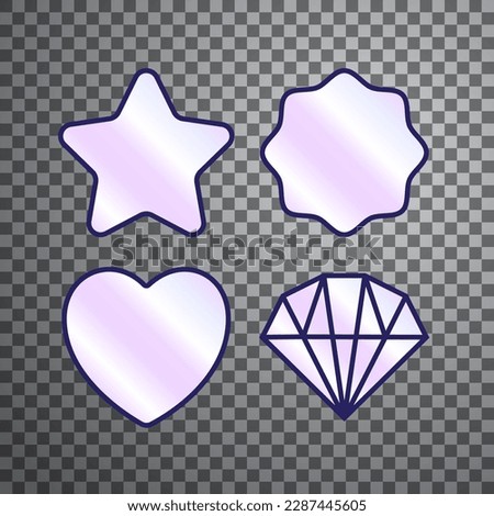 Pack of modern holographic stickers isolated on transparent backdrop. Glowing purple badges with frame in diamond, star, wavy and heart shapes