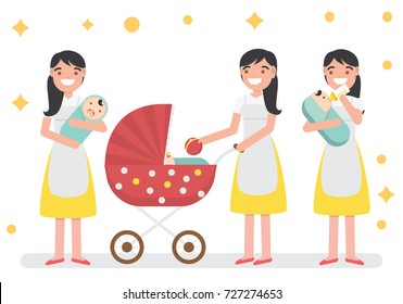 Pack Of Mom/Nanny/Baby Sitter Taking Care The Baby - Vector Characters