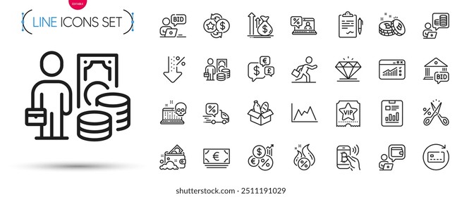 Pack de iconos de moneda de dinero, inflación y línea de bajo porcentaje. Incluir subasta en línea, presupuesto, iconos de pictogramas de Portapapeles. Documento de informe, recorte de impuestos, signos de diagrama. Lavar dinero. Vector