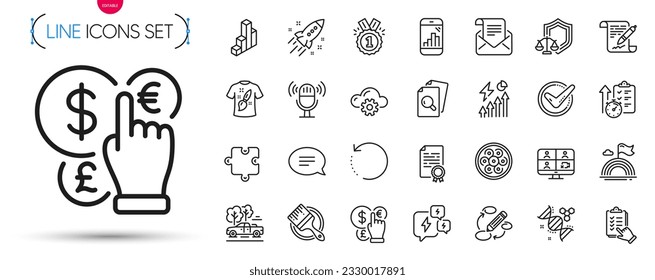 Pack of Money currency, Justice scales and Pickup line icons. Include Recovery data, Timer, Checklist pictogram icons. Keywords, Microphone, Chat signs. 3d chart, Video conference. Vector