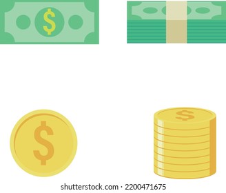 pack of money dollar cash flat vector illustration. dollar banknotes illustration. green paper bill and golden coin stacks. suitable for finance and business