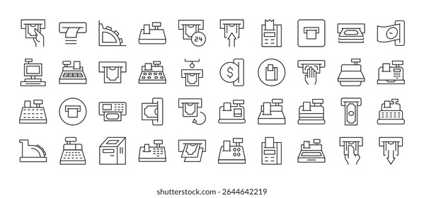 Ícones de Linha Relacionados ao Pacote de Dinheiro. Caixa Registradora e Sinais de Estrutura de Tópicos de Recebimento para Design Gráfico e Web, Aplicativos, Anúncios, Vários Cartões 