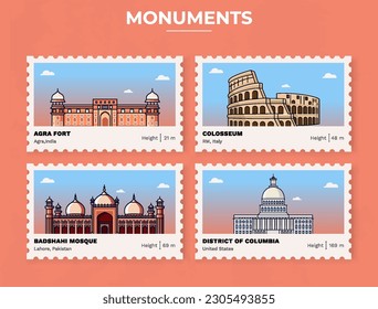 Pack of Monuments-Parliament of India, Agra Fort, Colosseum, Badshahi Mosque, District of Columbia Postage Stamp Ticket design with information-vector illustration design