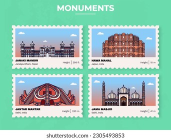 Pack of Monuments-Parliament of India, Janaki Mandir, Hawa Mahal, Jantar Mantar, Jama Masjid Postage Stamp Ticket design with information-vector illustration design