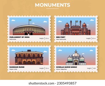 Pack of Monuments-Parliament of India, Red Fort, Ranghar Ruins, Khawaja Garib Nawaz Postage Stamp Ticket design with information-vector illustration design