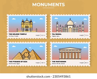 Pack of Monuments-The golden temple, Taj Mahal, Pyramid of Giza, The Parthenon Postage Stamp Ticket design with information-vector illustration design