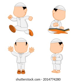 pack of Moslem kids character doing activity like running, reading Quran, Praying suitable for islamic Children Book Illustration