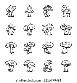 Pack of Mushrooms Hand Drawn Icons 
