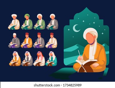 A Pack of Muslims read the holy Quran illustration behind of desert at night.