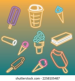Pack with neon ice cream icons. Different types of ice cream. Neon ice cream. Signboard for an ice cream shop.
