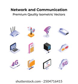 Pack of network and communication isometric icons in modern style