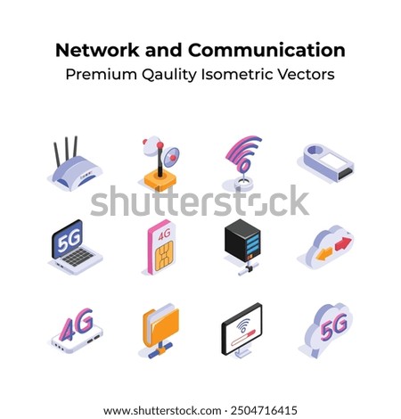Pack of network and communication isometric icons in modern style
