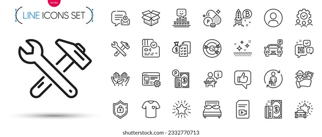 Paquete de nuevos mensajes, Limpiar la piel y Abrir iconos de la línea de la caja. Incluya los iconos del pictograma de Star, Targeting, Bitcoin project. Minerales de fósforo, configuración de web, signos de reemplazo. Camiseta, Trabajo En Equipo, Como. Vector