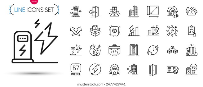 Pack of Night city, Construction toolbox and Parcel shipping line icons. Include Door, Engineering team, Square area pictogram icons. Open door, Entrance, Charging time signs. Vector