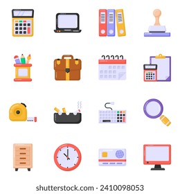 Paquete de iconos planos de equipo de oficina 

