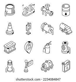 Pack of Oil Industry Isometric Line Icons 

