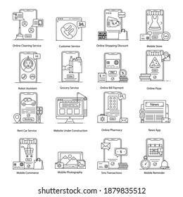 
Pack of Online Customer Services and Support Flat Outline Icons 
