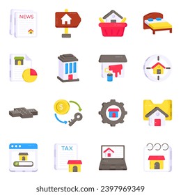 Paquete de iconos planos inmobiliarios en línea

