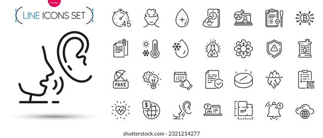 Pack of Online help, Mental health and World money line icons. Include Fitness, Medical tablet, Bitcoin system pictogram icons. Document attachment, Qr code, Floor plan signs. Vector