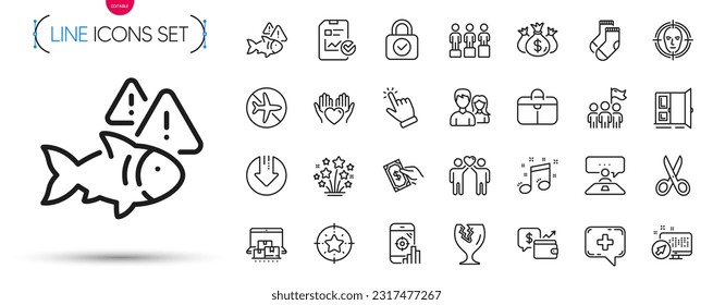 Pack of Online storage, Star target and Friends couple line icons. Include Cut, Flight mode, Hold heart pictogram icons. Leadership, Check investment, Interview job signs. Fish. Vector