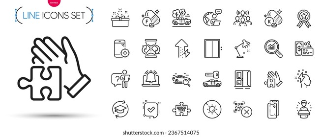 Pack of Open door, Hourglass and Pickup line icons. Include Table lamp, Search car, Brainstorming pictogram icons. Puzzle, Search employee, No sun signs. Fluorine mineral, Card, Winner ribbon. Vector