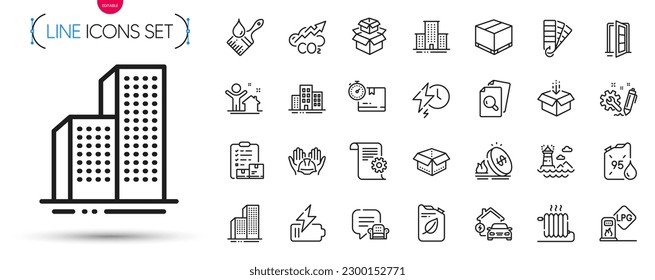 Pack of Open door, Palette and Lighthouse line icons. Include Canister, Builders union, Technical documentation pictogram icons. Radiator, University campus, Delivery box signs. Vector