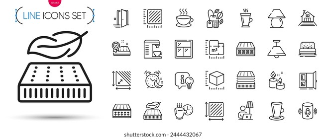 Pack of Open door, Square meter and Aroma candle line icons. Include Package size, Mattress, Door pictogram icons. Floor plan, Window, Table lamp signs. Coffee break, Voice assistant, Mint bag. Vector