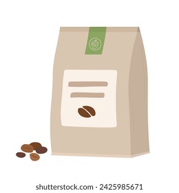 Paquete de granos de café orgánicos. Empaquetado sostenible de bolsas de papel marrón. Ilustración vectorial plana aislada sobre fondo blanco.